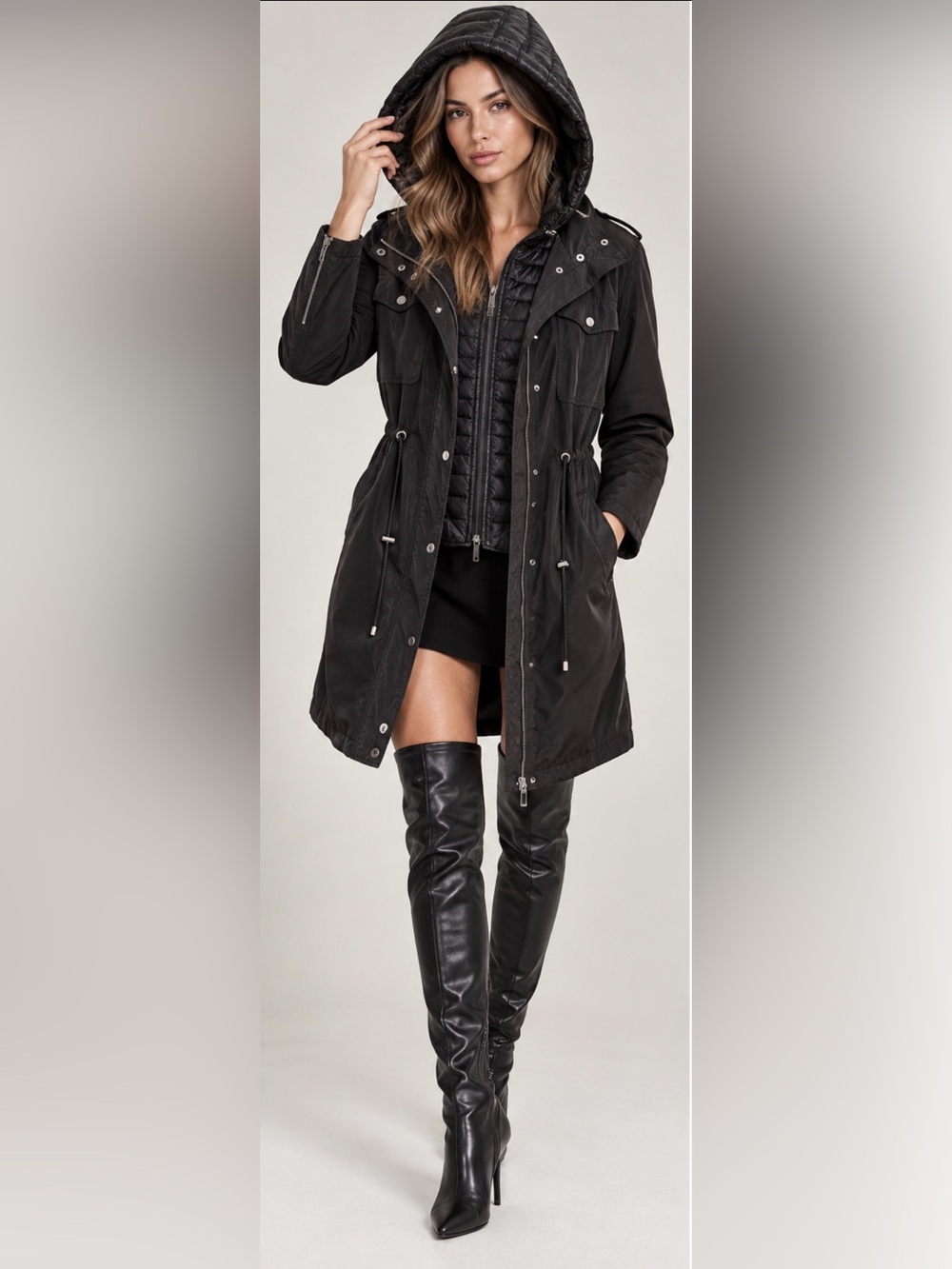 Badgley Mischka Black Hooded Trench Coat with Quilted Insert.
